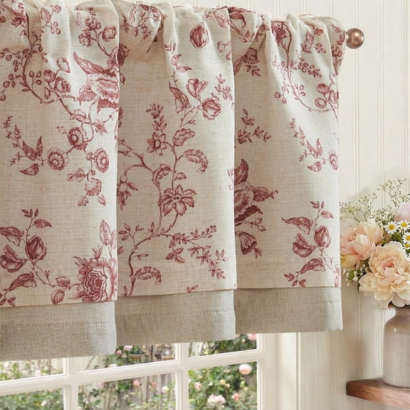 Amlie Floral Linen Valance Curtain Farmhouse Kitchen Valance for Living Room Laundry Light Filtering Double Layer Cottagecore Window Treatment Rod Pocket 1 Panel 16 Inch Maroon on Linen