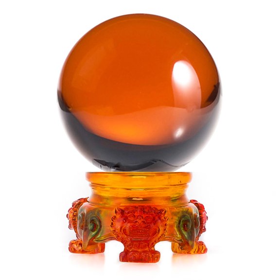 Amlong Crystal Amber 3 in. (80mm) Crystal Ball with Rainbow Lion Stand