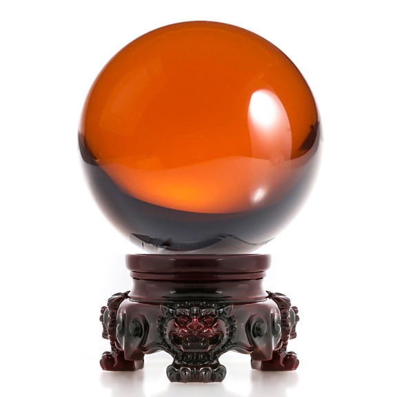 Amlong Crystal Amber 3 in. (80mm) Crystal Ball with Redwood Lion Stand