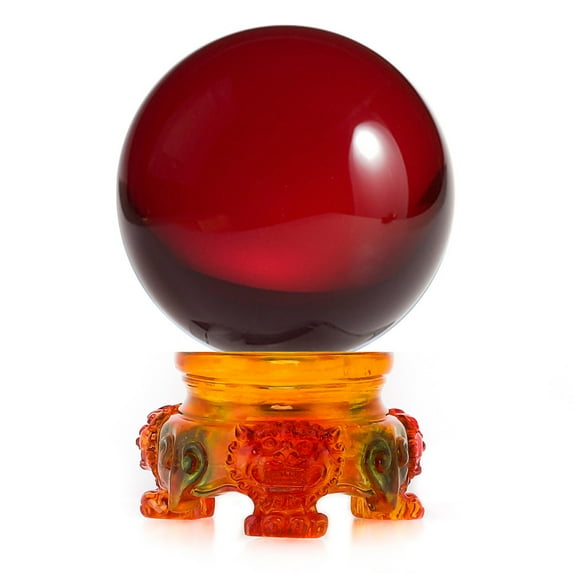 Amlong Crystal Red 3 in. (80mm) Crystal Ball with Rainbow Lion Stand