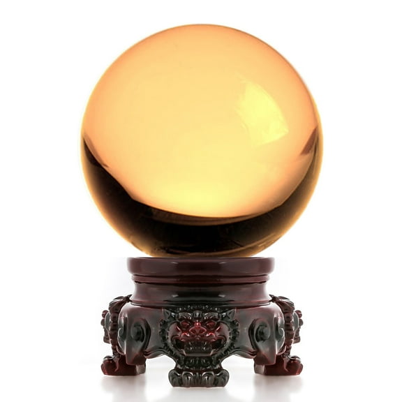 Amlong Crystal Yellow 3 in. (80mm) Crystal Ball with Redwood Lion Stand