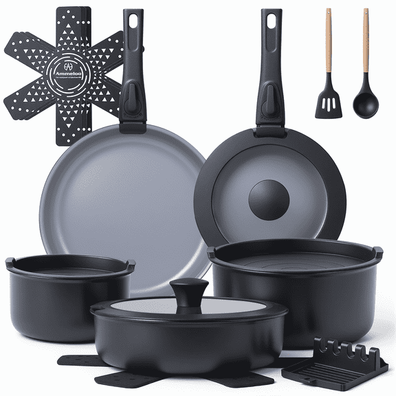 Ammeloo 18-Piece Ceramic Pots and Pans Set Non Stick, Non Toxic Cookware Set with Removable Handles, Pot Sets for Cooking, Induction Ready, Dishwasher & Oven Safe, Black