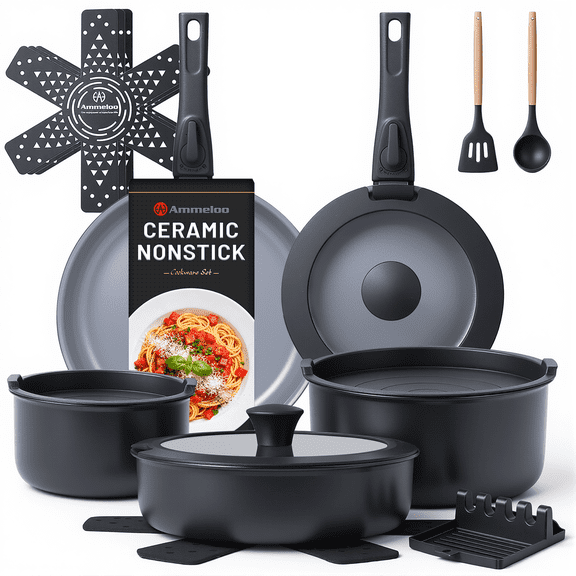 Ammeloo 18-Piece Ceramic Pots and Pans Set Non Stick, Non Toxic Cookware Set with Removable Handles, Pot Sets for Cooking, Induction Ready, Dishwasher & Oven Safe, Black