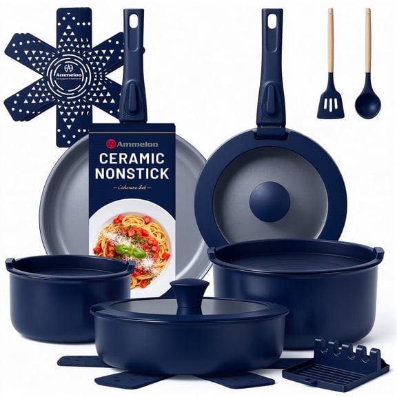 Ammeloo 18-Piece Ceramic Pots and Pans Set Non Stick, Non Toxic Cookware Set with Removable Handles, Pot Sets for Cooking, Induction Ready, Dishwasher & Oven Safe (Navy Blue)