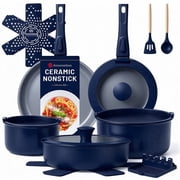 Ammeloo 18-Piece Non Stick Pots and Pans Set, Non Toxic Cookware Set with Removable Handles Navy Blue