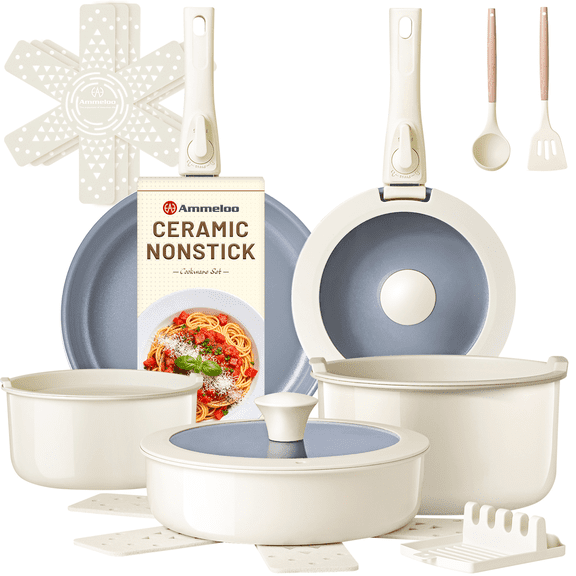 Ammeloo 18-Piece Ceramic Pots and Pans Set Non Stick, Non Toxic Cookware Set with Removable Handles, Pot Sets for Cooking (Cream White)