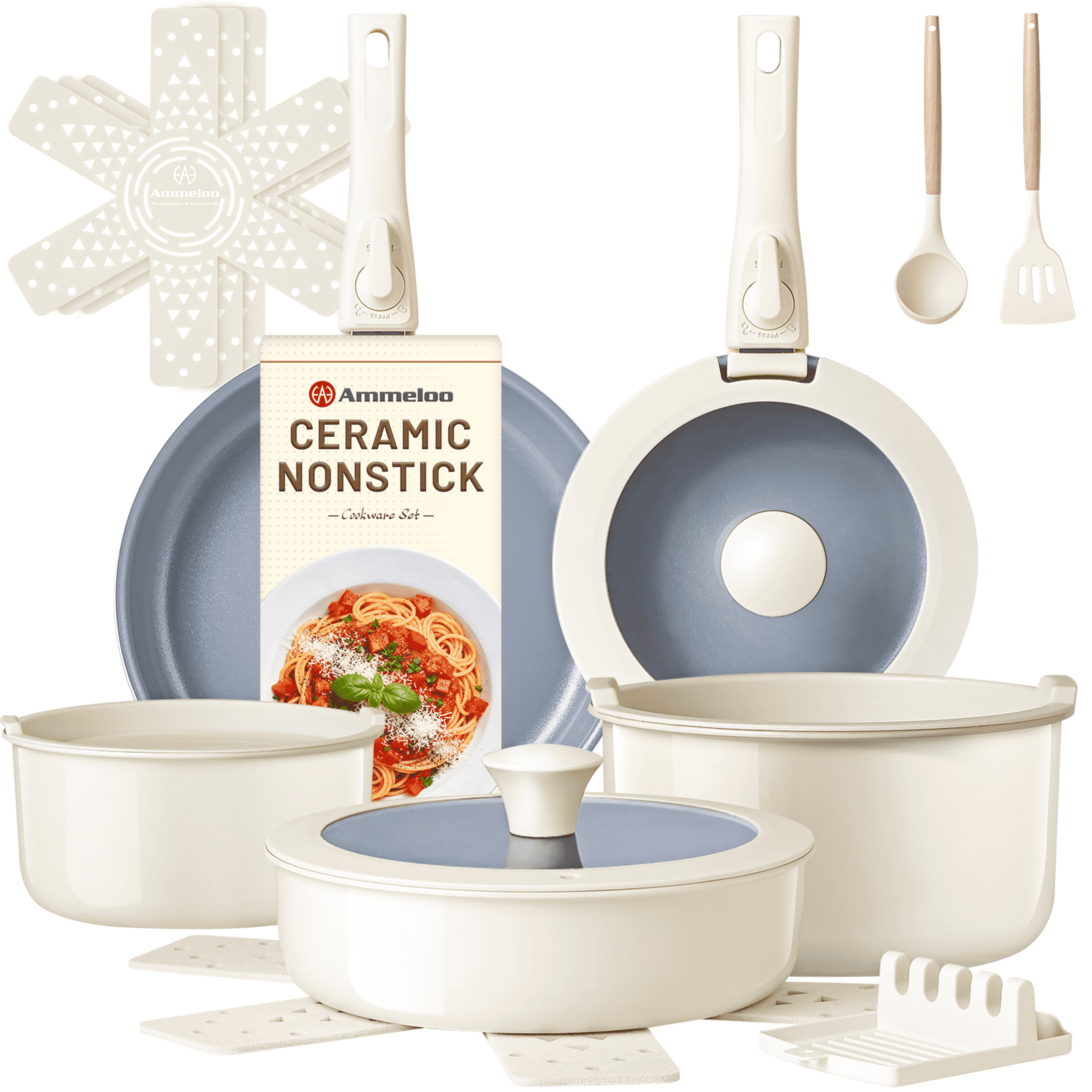 Ammeloo 18-Piece Non Stick Cookware Set, Ceramic Pots and Pans Set with ...
