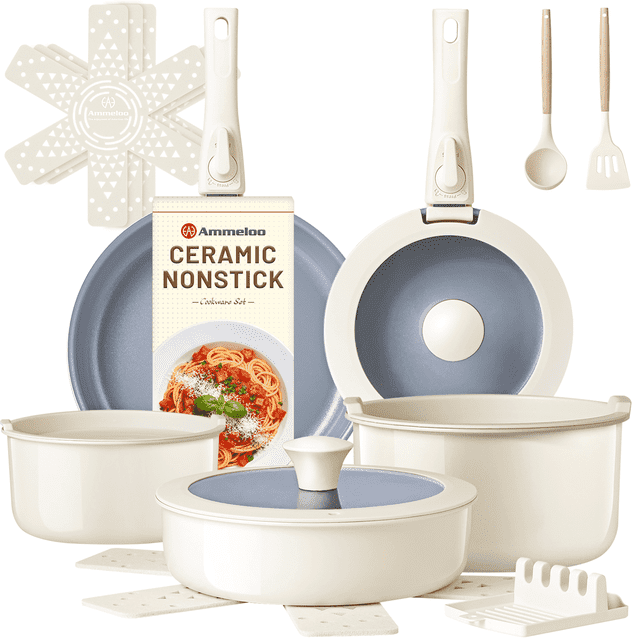 Caramic Pot Ammeloo 18-Piece Non Stick Cookware Set, Ceramic Pots and Pans Set with ...