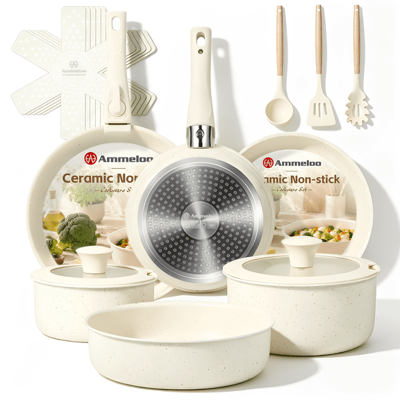 Ammeloo 20pcs Ceramic Pots and Pans Set Non Stick, Ceramic Cookware Set with Removable Handles, Stackable Space Saving, Induction & Oven & Dishwasher Safe, Cream White