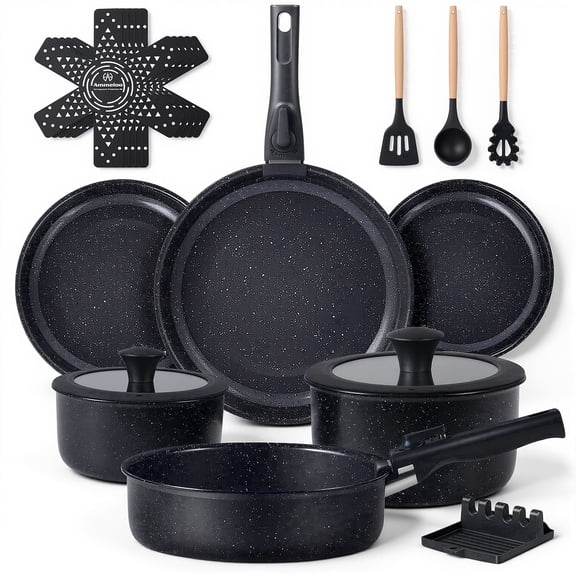 Ammeloo 21 Pcs Pots and Pans Set Non Stick, Ceramic Kitchen Cookware Set with Detachable Handle, Non Toxic Cooking Set for Kitchen, RV, Camping and Fridge, Induction Ready