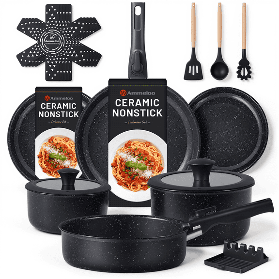 Ammeloo 21 Pcs Pots and Pans Set Non Stick, Ceramic Kitchen Cookware Set with Detachable Handle, Non Toxic Cooking Set for Kitchen, RV, Camping and Fridge, Induction Ready