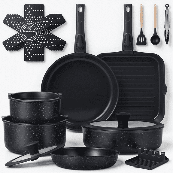 Ammeloo 21 Pcs Pots and Pans Set Non Stick with Grill Pan, Induction Ceramic Cookware Set, Kitchen Pots and Pans Set for RVs,Camping, Oven/Dishwasher Safe, Black