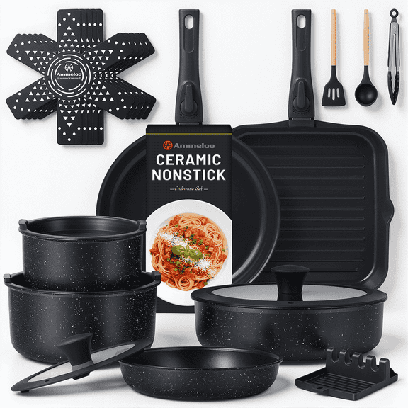 Ammeloo 21 Pcs Pots and Pans Set Non Stick with Grill Pan, Induction Ceramic Cookware Set, Kitchen Pots and Pans Set for RVs,Camping, Oven/Dishwasher Safe, Black