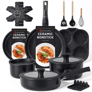 Ammeloo 21-Piece Ceramic Pots and Pans Set, Non-Stick Cookware Set with Detachable Handles and Egg Frying Pan, Black Speckled