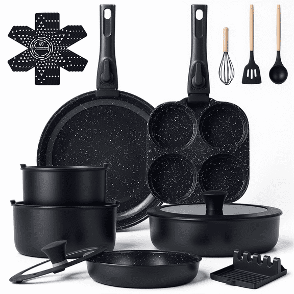 Ammeloo 21-Piece Ceramic Pots and Pans Set, Non-Stick Cookware Set with Detachable Handles and Egg Frying Pan, Black Speckled
