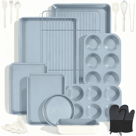 Ammeloo Non-Stick Bakeware Set, 22-Piece Baking Pans Set Kitchen Carbon Steel Baking Sheet Pans with Cookie Sheets , Muffin Pans(Gray & Cream White)