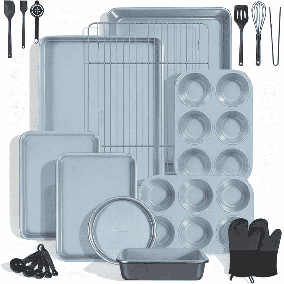 Ammeloo Non-Stick Bakeware Set, 22-Piece Baking Pans Set Kitchen Carbon Steel Baking Sheet Pans with Cookie Sheets , Muffin Pans(Gray & Stone Black)