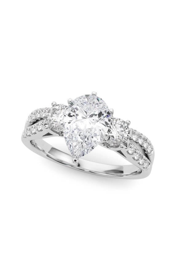 2.3 Ct Pear Cut Diamond Three Stone Engagement Ring - Split Shank Design Rings - 14K White Gold Plated Rings - Ideal for Weddings, and Birthday Gifts for Women Who Appreciate Elegance