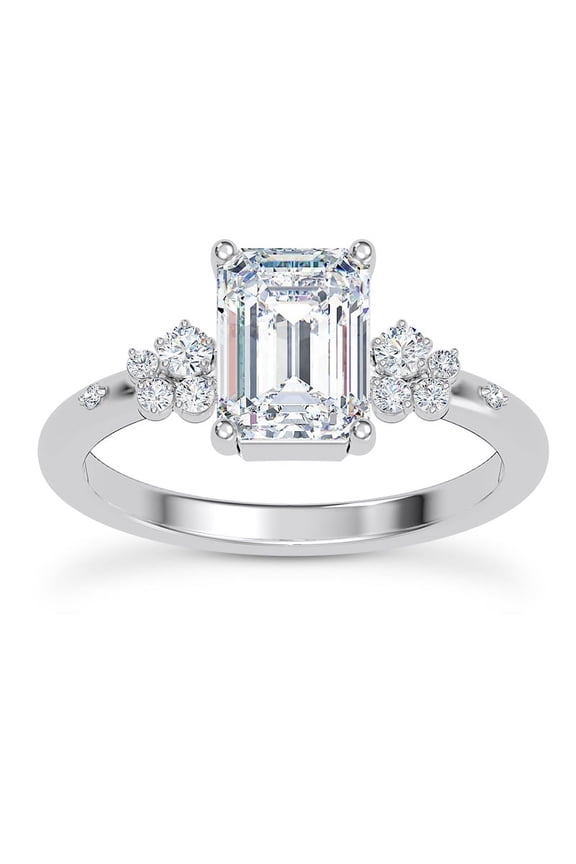 2.4 Ct Emerald Cut Diamond Engagement Ring - 14K White Gold Plated Cluster Design - Lab Created Simulated Diamond - Perfect for Wedding and Special Occasions - A Timeless Gift for Her