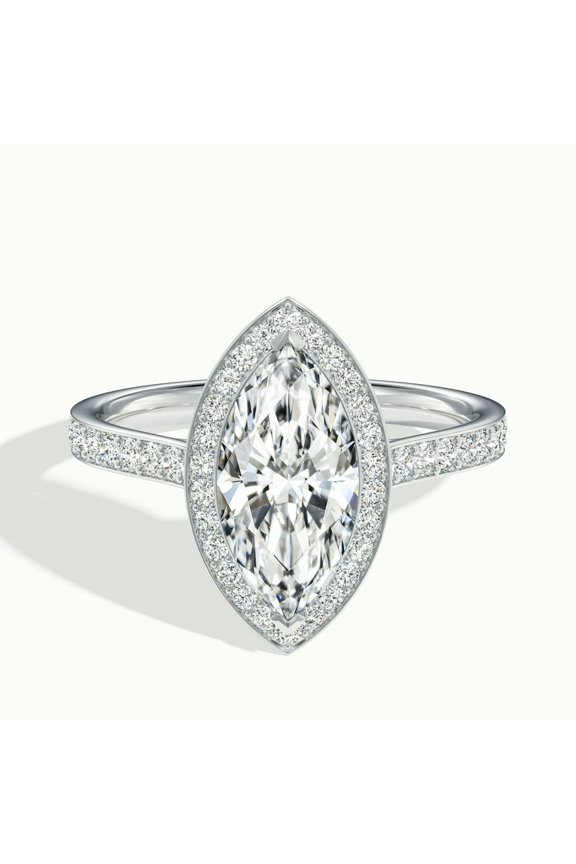 Marquise Cut Diamond Halo Engagement Ring - 2.1 Ct Lab-Created Diamond - 14K White Gold Plated Prong Setting - Women's Wedding Ring - Ideal Proposal or Bridal Jewelry Gift for Her