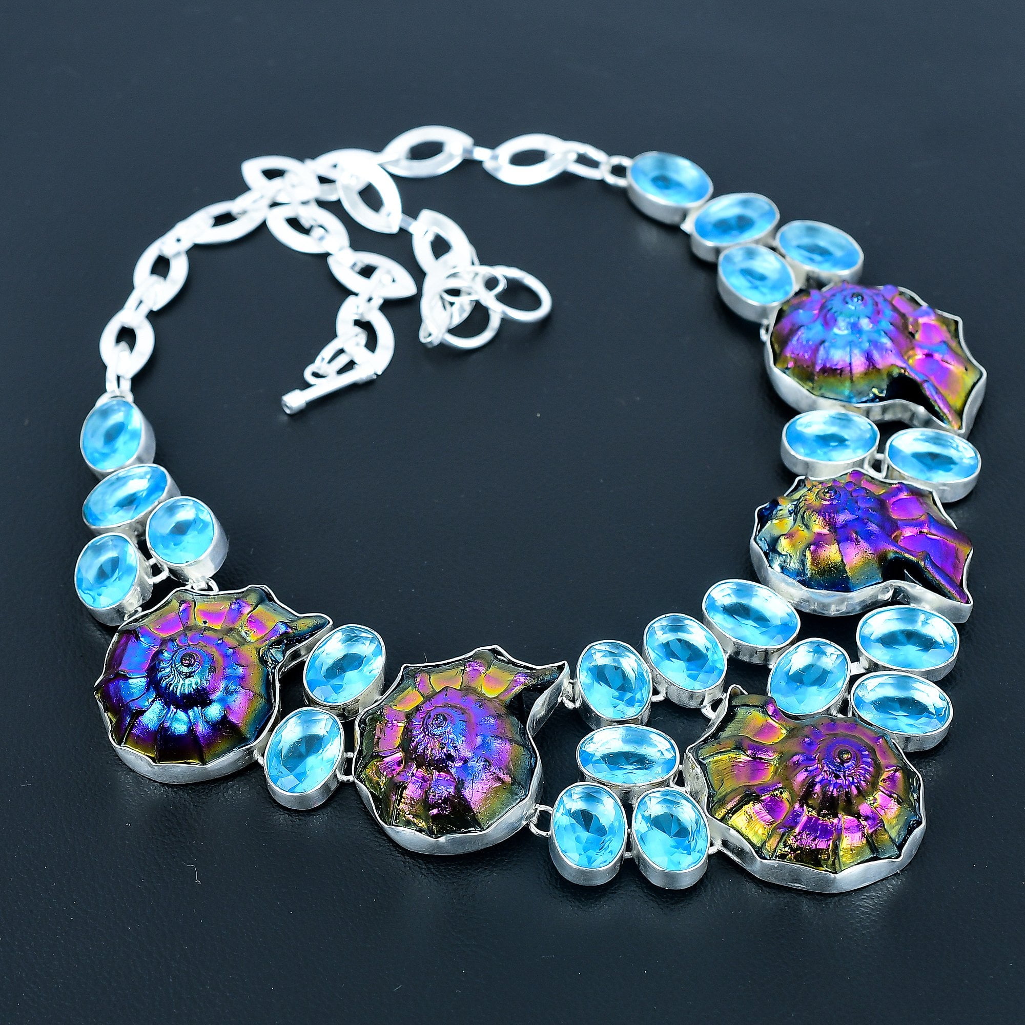 VAIDIKJEWELS Ammolite Fossil Blue Topaz Gemstone 925 Sterling Silver Gift Necklace 18" VJ 565