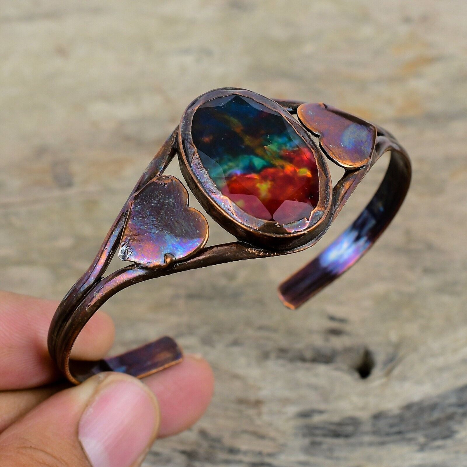 KALKA JEWELS Ammolite Gemstone Jewelry Copper Mom Gift Electroformed Heart Adjustable Bangle