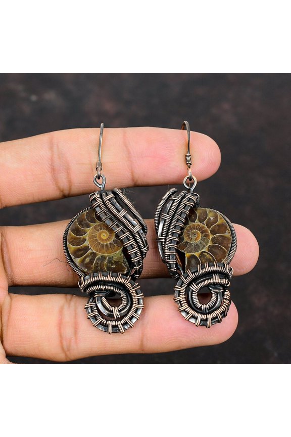 Ammonite Fossil Copper Gift For Bridesmaid Wire Wrapped Earrings 2.72"