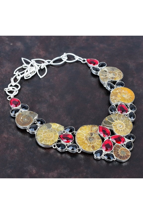Ammonite Fossil & Garnet Necklace Natural Gemstones in 925 Sterling Silver, Handmade Pendant for Fossil Lovers