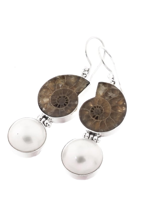 Ammonite Fossil White Mabe Cultured Pearl 925 Sterling Silver Earrings, 1 9/16"
