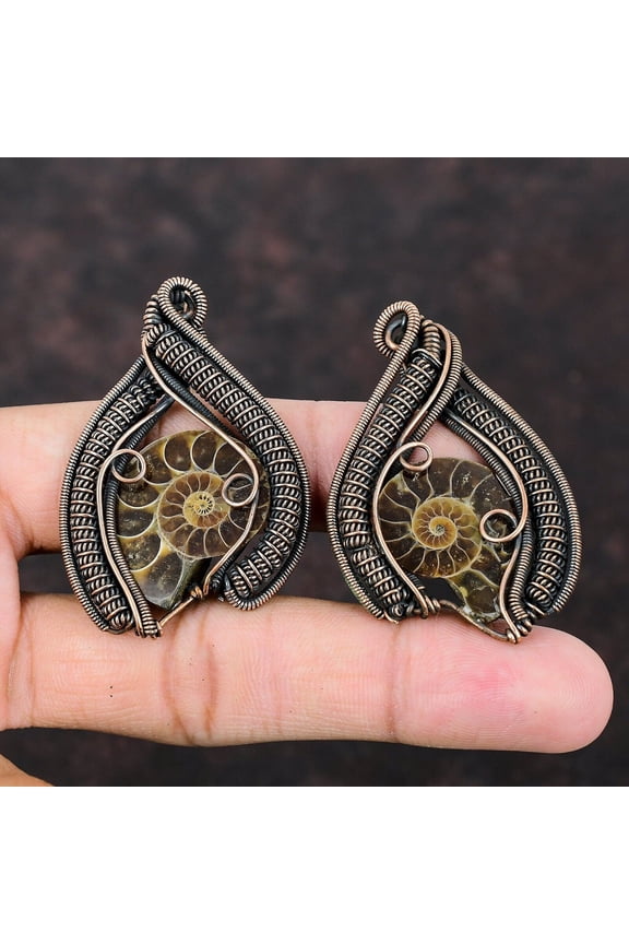 Ammonite Fossil Copper Earring Copper Wire Wrapped Earrings Dainty Gemstone Handmade Earring Unique Copper Design Jewelry Earrings For Women