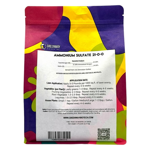 Ammonium Sulfate 21-0-0 Fertilizer "Greenway Biotech Brand" 5 Pounds