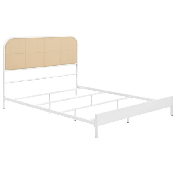 Ammy Queen Bed, Radio Weave Headboard, Brown Faux Rattan, White Metal