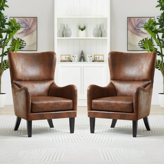 AmoDwell Mid-Century Wingback Chair Set of 2, Accent Chair with Nailhead Trim, Upholstered Chairs for Living Room Brown