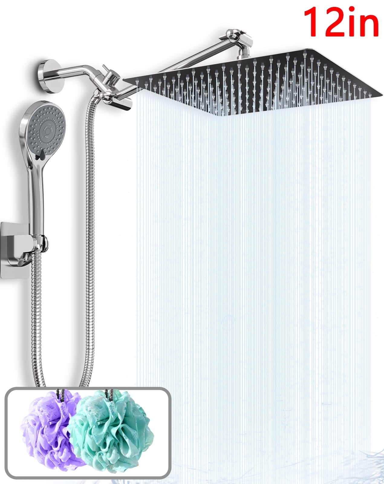 "Amobro 12\"" Magnetic Dual Shower Head, High Pressure Rainfall, Anti-Leak, Adjustable, Chrome, Matte Silver"