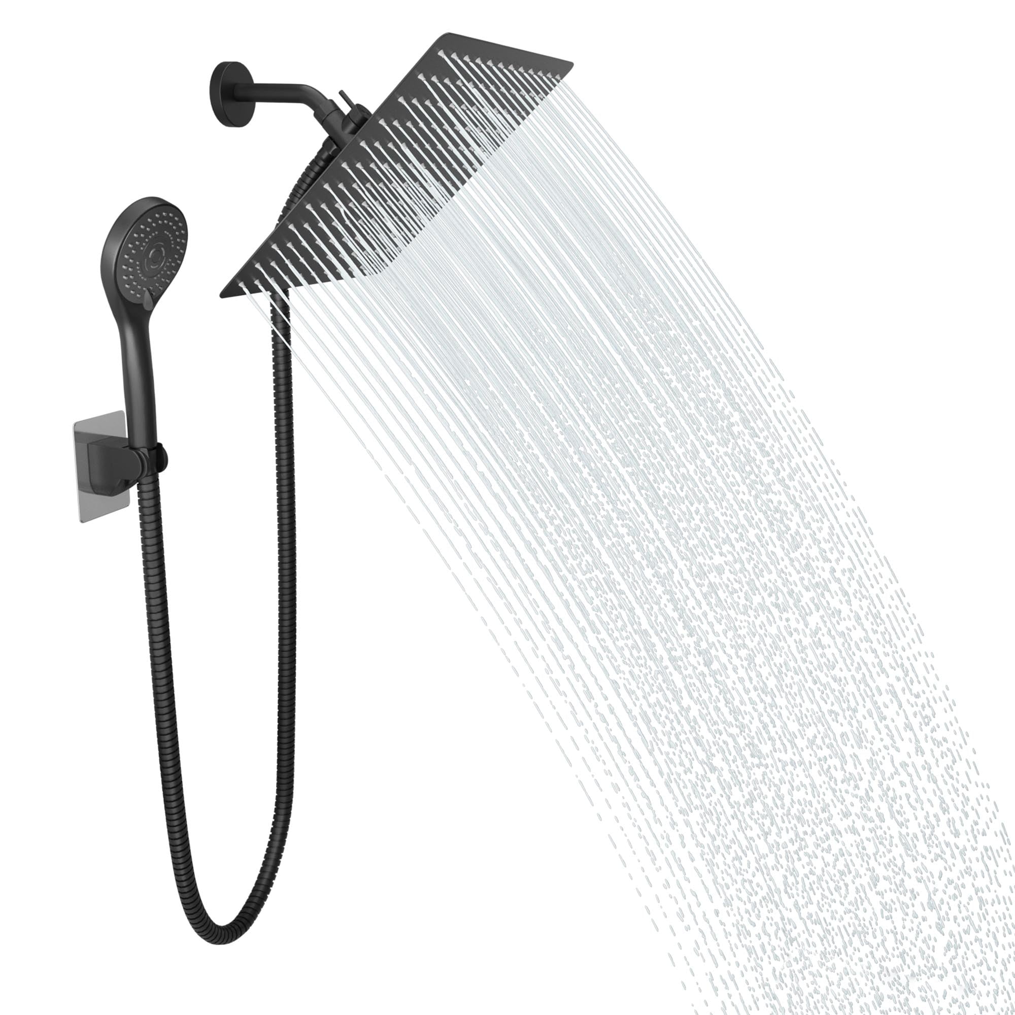12 Inch Rainfall Shower Head With Handheld Combo - Matte Black, 10 Settings, 16" Adjustable Arm