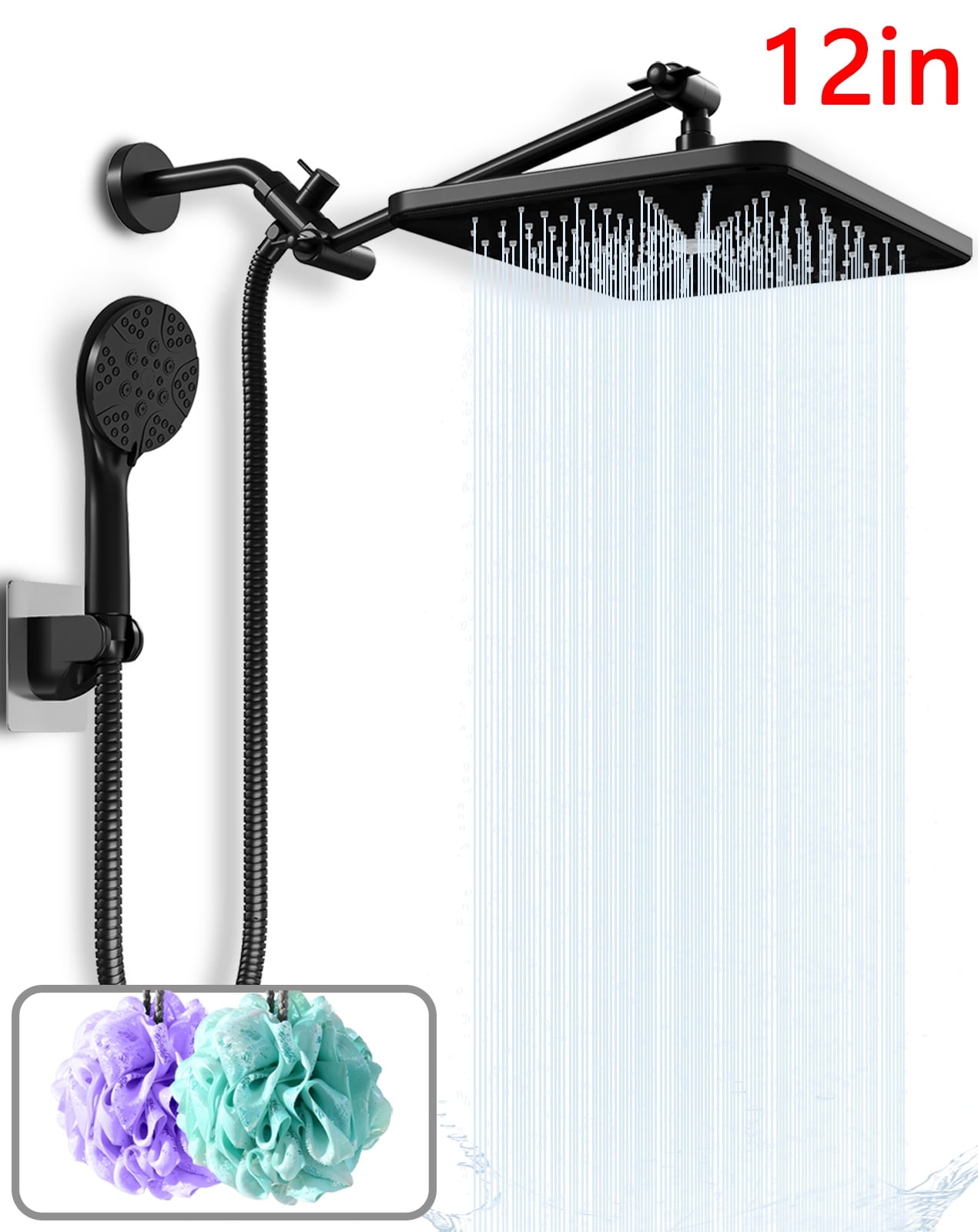 "Amobro DUAL POWER 12"" Shower Head, High Pressure Rainfall, Anti-leak, Adjustable Height & Angle, Chrome, Matte Black"