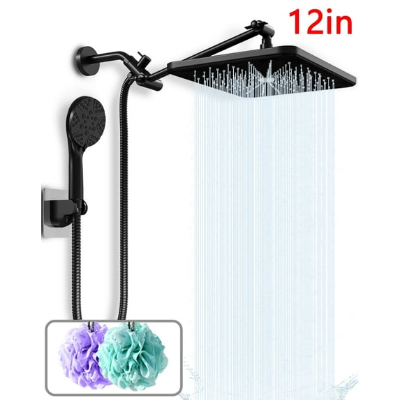 "Amobro DUAL POWER 12"" Shower Head, High Pressure Rainfall, Anti-leak, Adjustable Height & Angle, Chrome, Matte Black"
