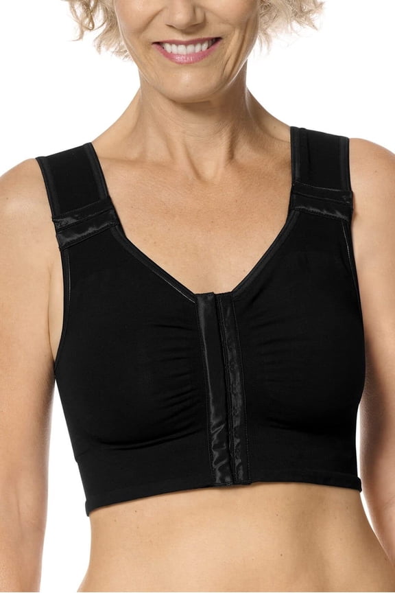 Lymph Flow Long Wire Free Front Closure Compression Bra - Black - Large - Supports/Stimulates Lymp Flow