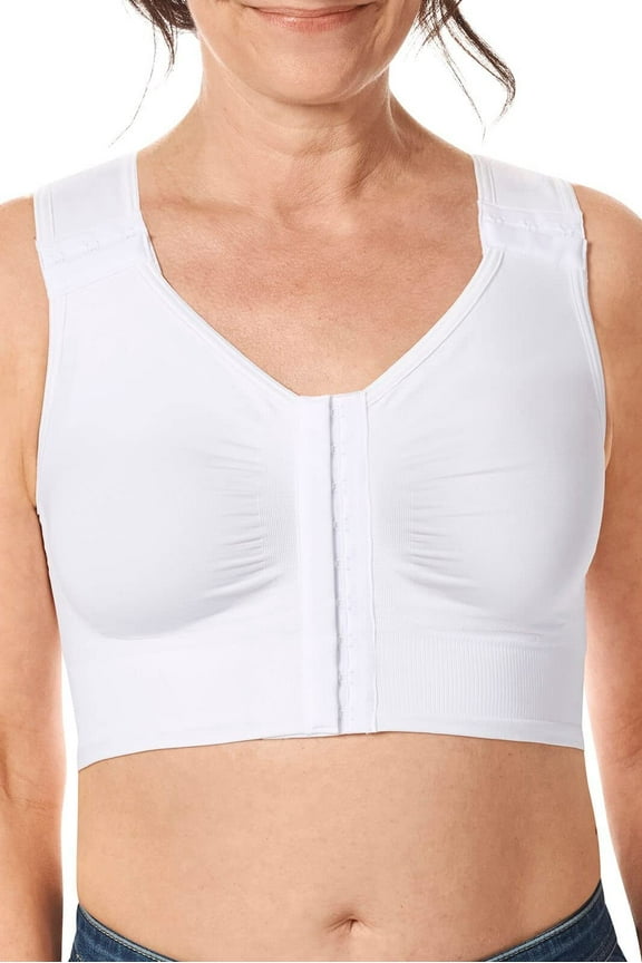Lymph Flow Long Wire Free Front Closure Compression Bra - White - Medium - Supports/Stimulates Lymp Flow