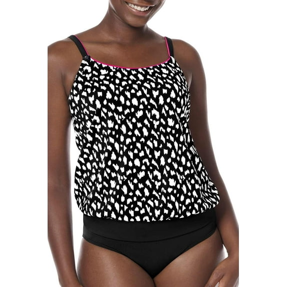 Amoena Womens Manila Blouson Tankini Top Mastectomy Pocketed Swimwear Black/White 14 D