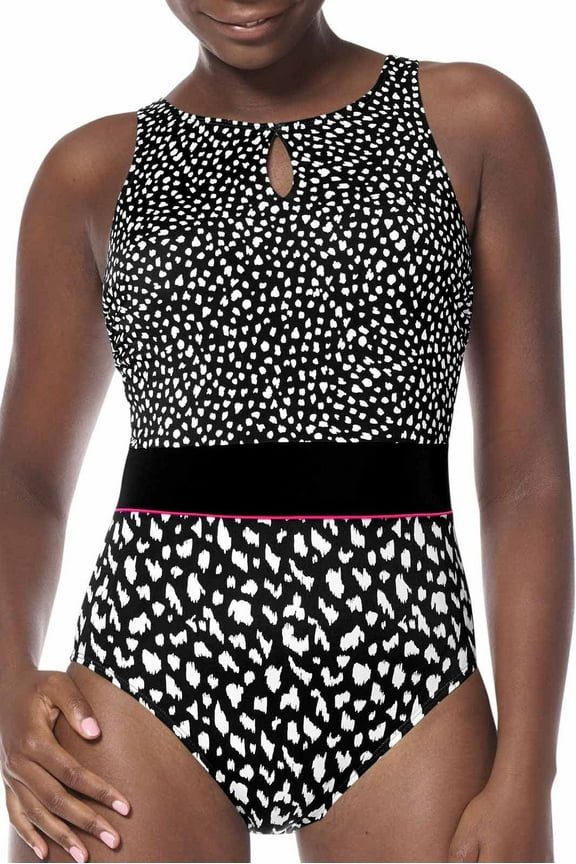 Womens Manila High Neck One-Piece Pocketed Mastectomy Swimsuit black/white 12D