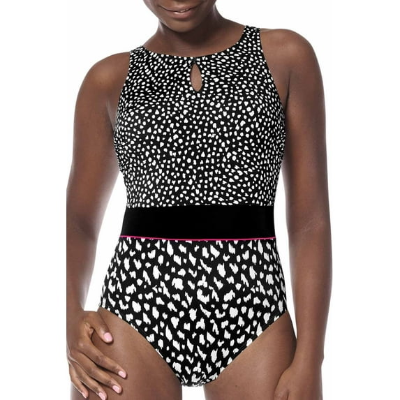 Amoena Womens Manila High Neck One-Piece Pocketed Mastectomy Swimsuit black/white 16C