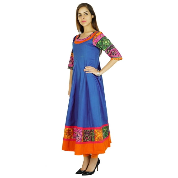 Amoghah Women Cotton Blue Solid Anarkali Kurti Indian Flaired Blouse Kurta Gift