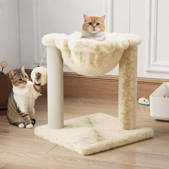 Amolife 14.1" Cat Tree with Hammock, Sisal Scratching Post, Plush Bed, Stable Cat Furniture for Indoor Cats and Kittens, Beige