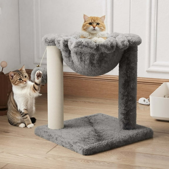 Amolife 14.1" Cat Tree with Hammock, Sisal Scratching Post, Plush Bed, Stable Cat Furniture for Indoor Cats and Kittens, Grey