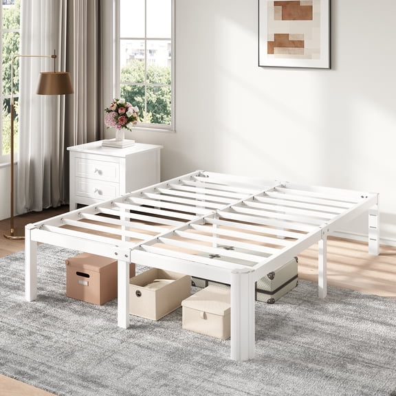 Amolife 14" Queen Metal Bed Frame, Heavy Duty Platform Bed Frame with 3500 lbs Capacity, Underbed Storage, No Box Spring Needed, White