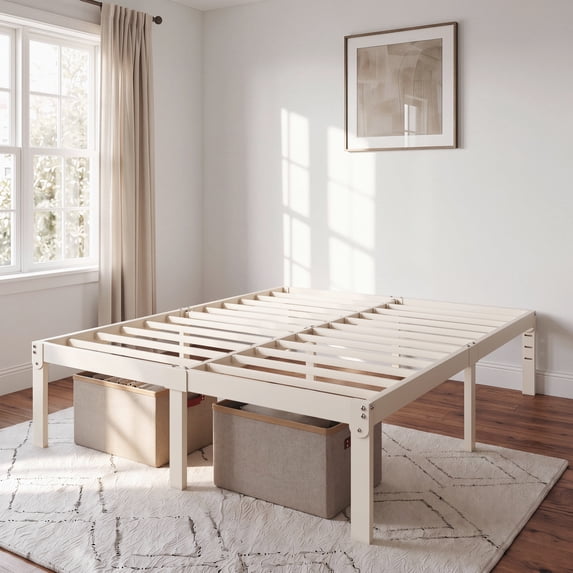 Amolife 14" Queen Size Bed Frame, Heavy Duty Metal Platform Bed Frame with 12.6" Under-bed Storage, Easy Assembly, Cream White