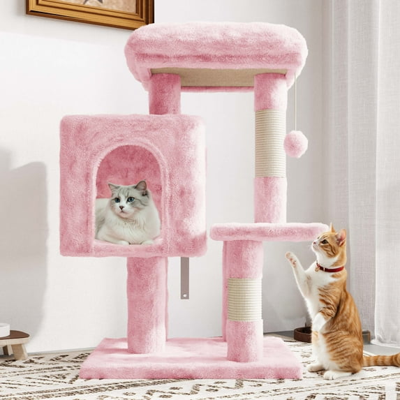 Amolife 29.1" Small Cat Tree Tower with Plush Cat Condo Perch Sisal Scratching Posts for Indoor Cats and Kittens, Pink