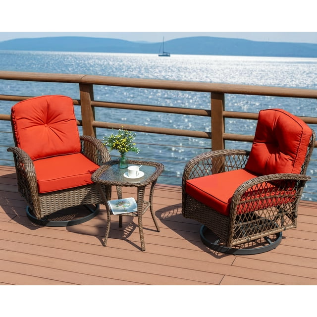 Amolife 3 Pieces Wicker Patio Furniture Set, Bistro Set with Outdoor Swivel Rocking Chair and Coffee Table, Red