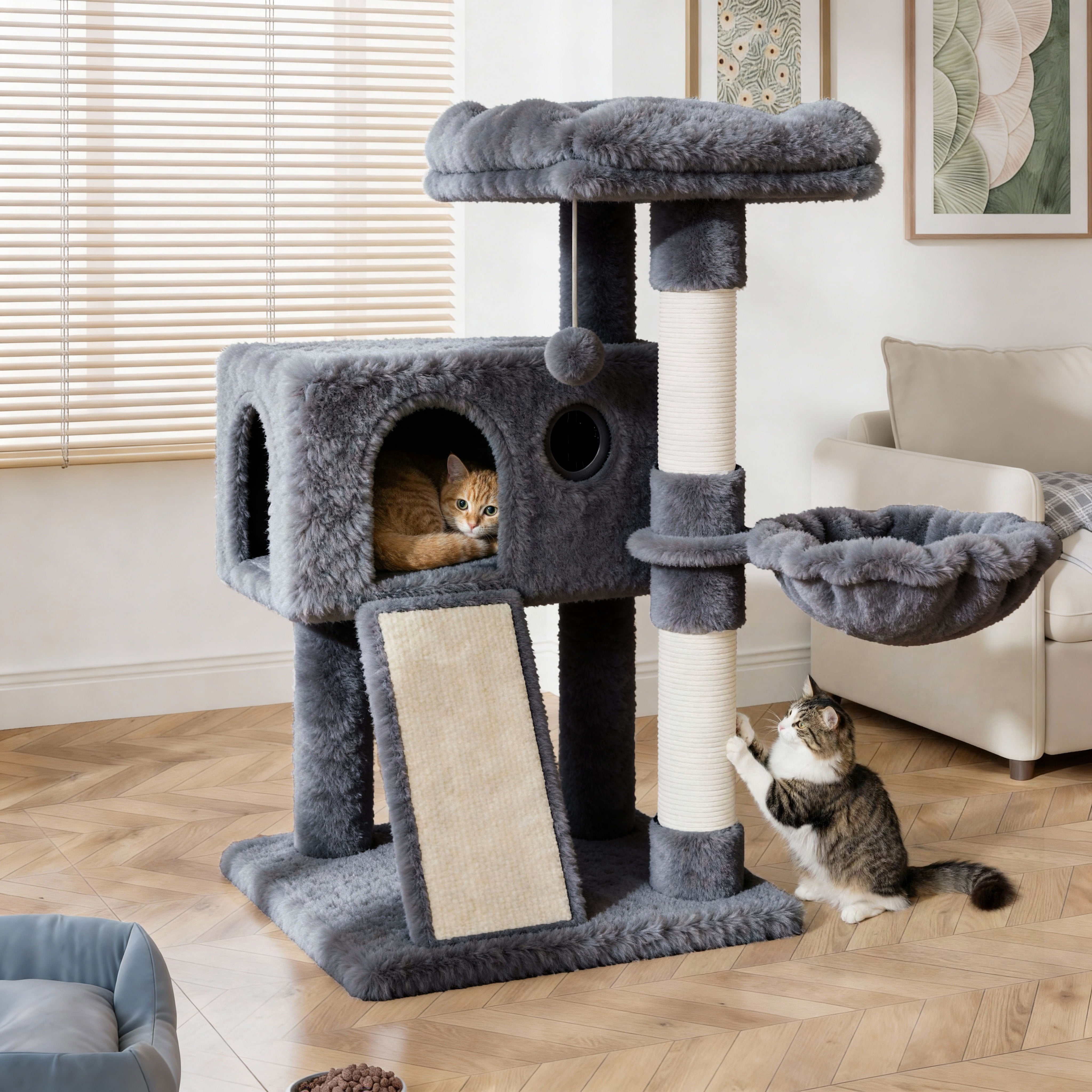 Amolife 36.6" Cat Tree Tower for Indoor Cats, Cat Condo with Plush Perch, Sisal Scratching Posts & Ramp, Cozy Cat Furniture, Blue